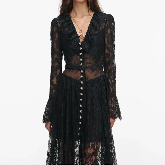 Self Portrait BLACK LACE RUFFLE MAXI DRESS $970 New with tag - Picture 4 of 15